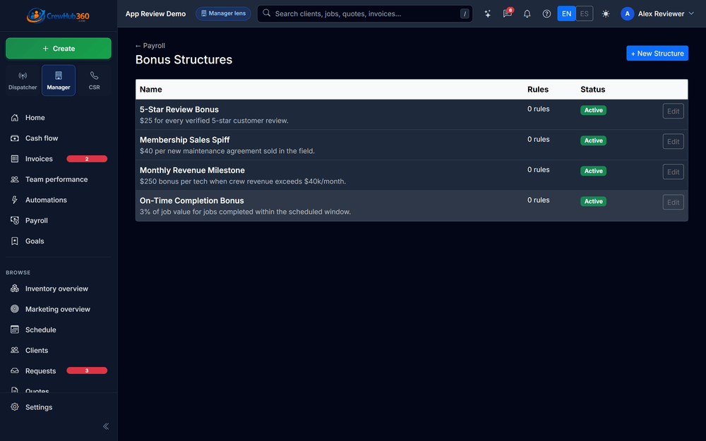 CrewHub360 bonus structure builder