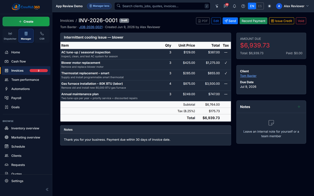 An invoice with line items, ready to collect and sync to QuickBooks