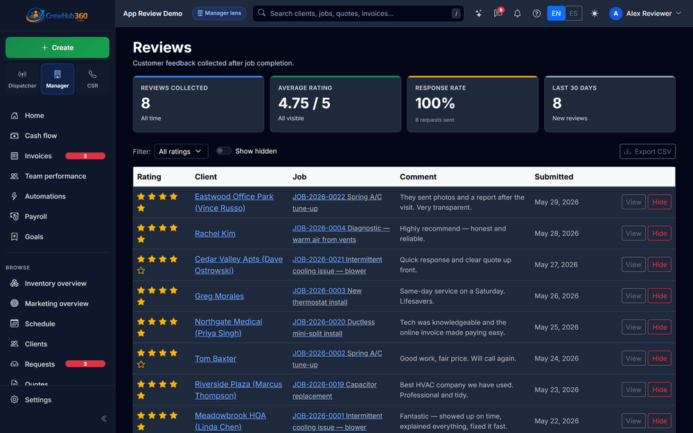 CrewHub360 customer reviews collected after jobs