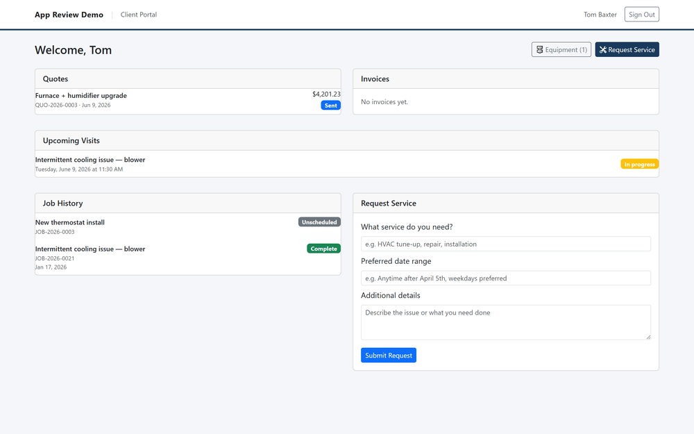 The customer client hub showing treatment history and the next visit