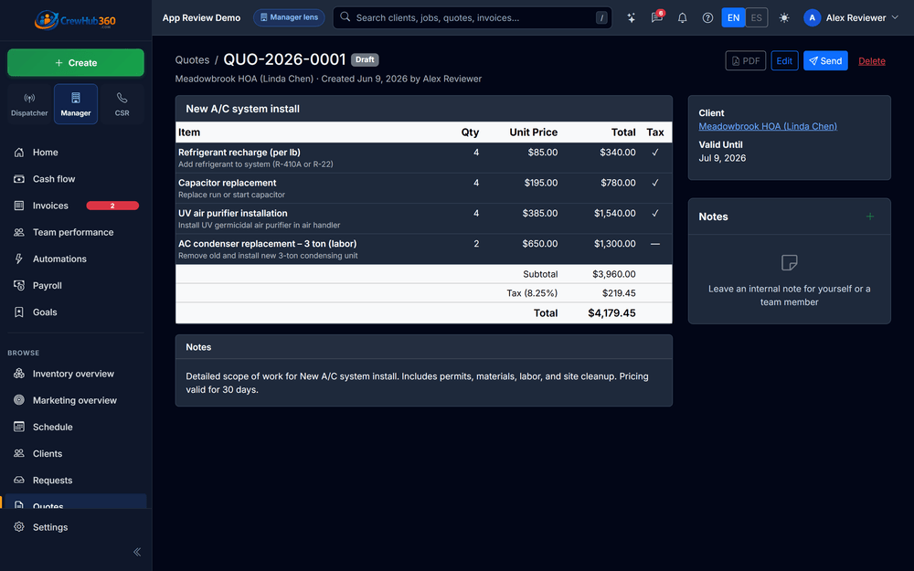 A quote with line items that converts straight to an invoice