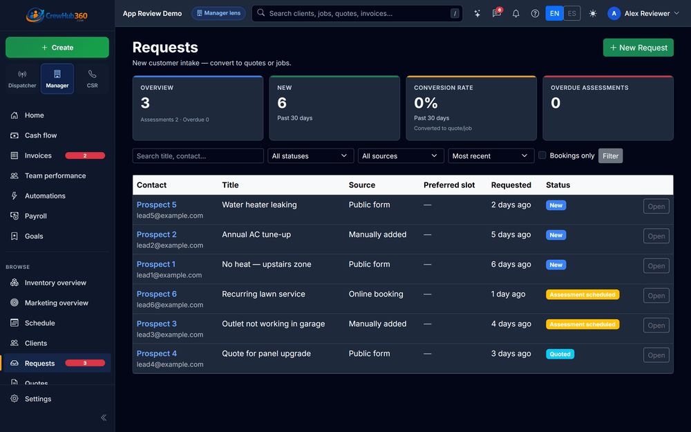 CrewHub360 service-request pipeline from new lead to quote