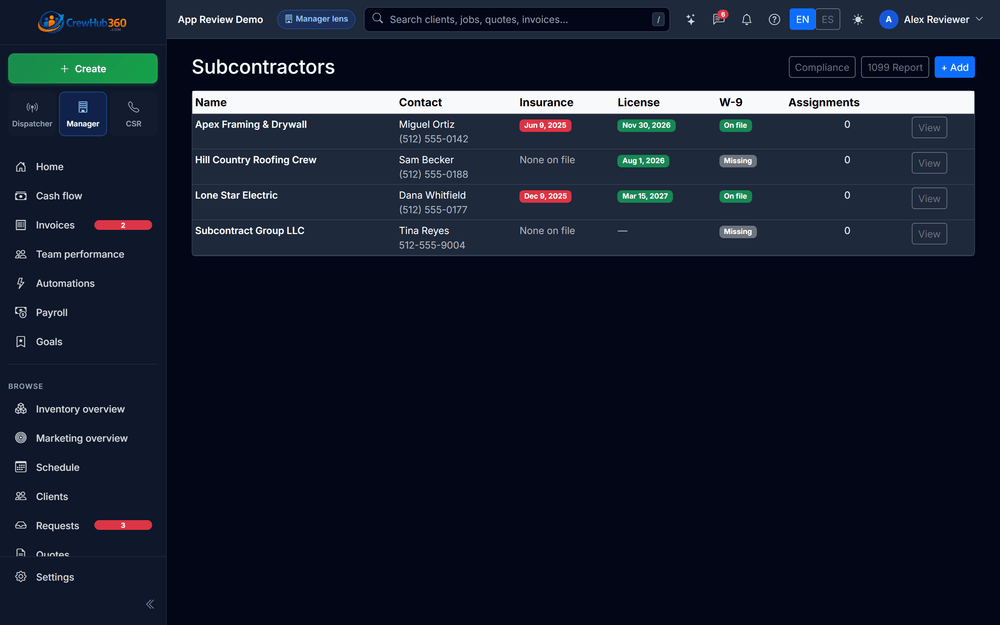 Subcontractor list with insurance, license, and W-9 status