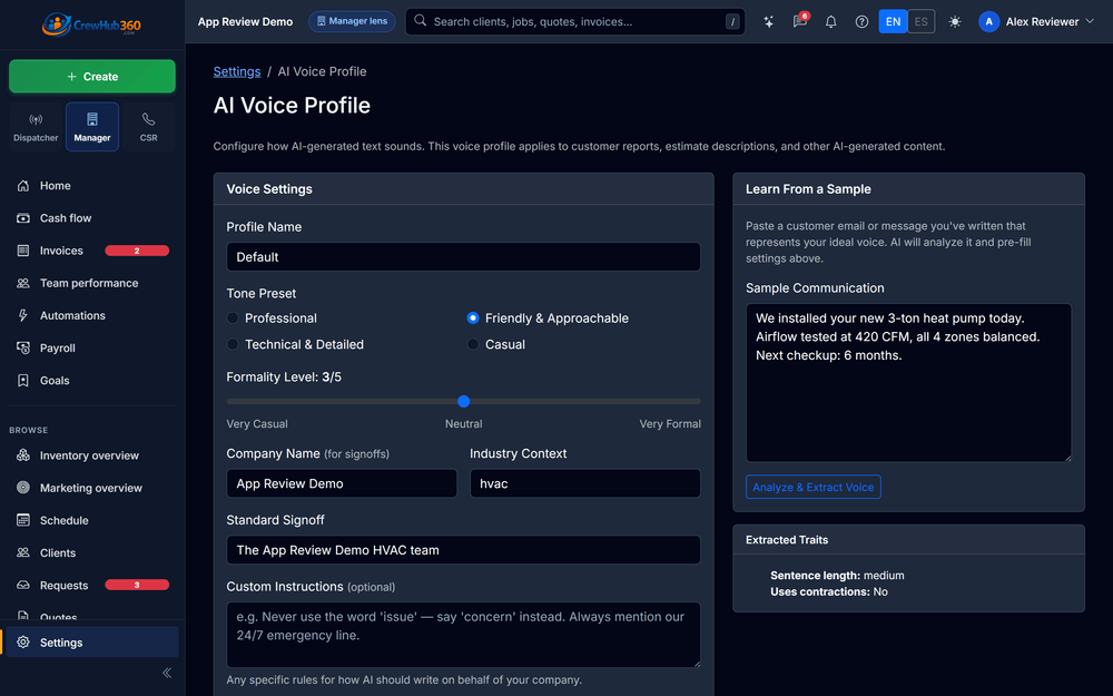 CrewHub360 AI brand voice profile settings